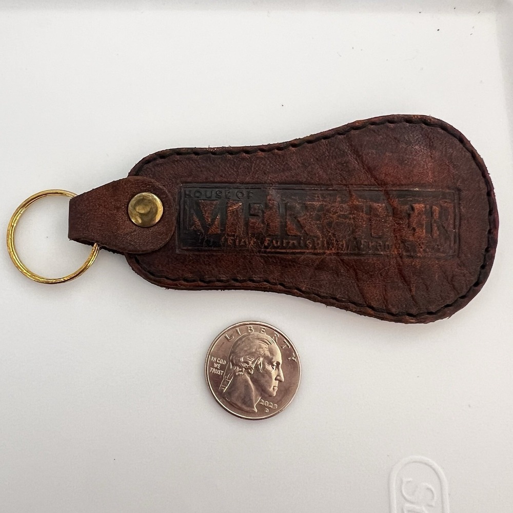 Vintage HOUSE OF MERGLER Genuine Leather Keychain Pendant Brown Bag Charm Ohio - Picture 7 of 7